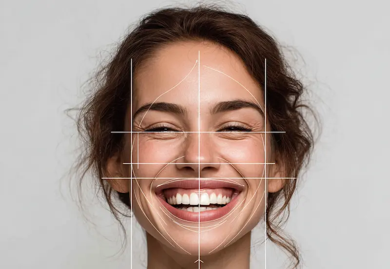 Mujer sonriendo con guías faciales de proporción para un diseño de sonrisa. Diseño de sonrisa en Natural Smile
