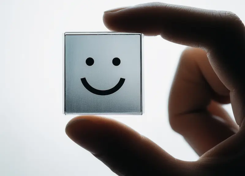 Mano sosteniendo una pequeña carita feliz como símbolo de una sonrisa saludable. Diseño de sonrisa en Bogotá