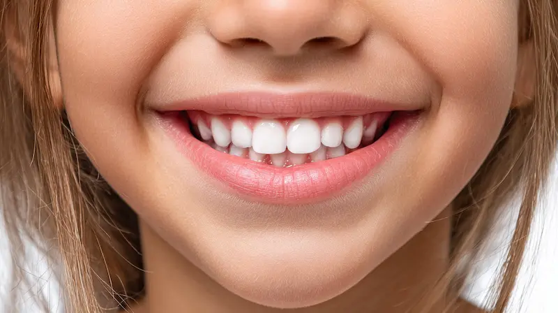 Primer plano de una sonrisa brillante con dientes blancos y aspecto estético. Diseño de sonrisa en Bogotá