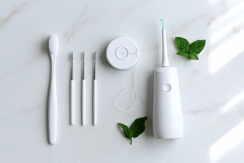 Cepillo dental, cepillos interdentales, hilo dental e irrigador bucal para cuidar un implante dental