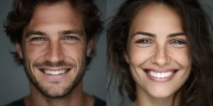 Hombre y mujer sonriendo como ejemplo de un diseño de sonrisa natural. Diseño de sonrisa en Bogotá