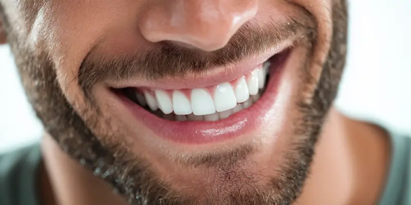Hombre Primer plano de una sonrisa brillante con dientes blancos y luz suave. Diseño de sonrisa en Natural Smile