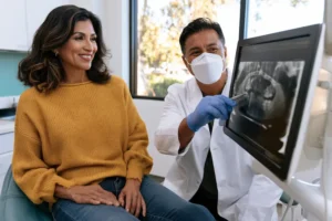 Especialista en rehabilitación oral explica a una paciente su radiografía panorámica durante la valoración