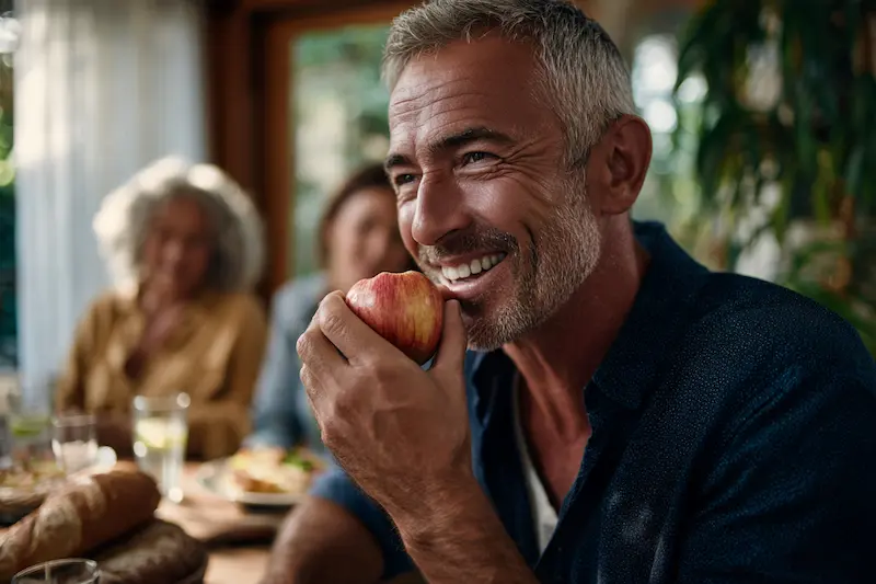 Hombre adulto sonríe con confianza y muerde una manzana durante una cena familiar después de una rehabilitación oral